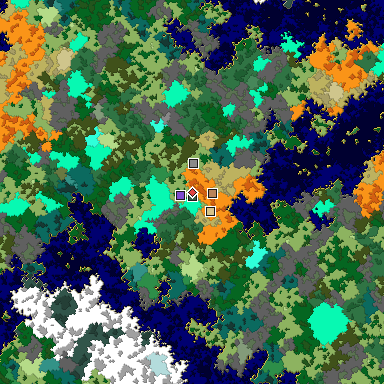 Predicted biome map of Java 1.16 seed 6318660857569432841 around estimated spawn