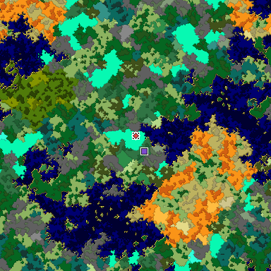Predicted biome map of Java 1.16 seed 7655081796916734831 around estimated spawn