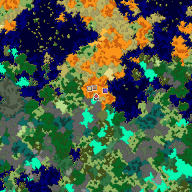 Predicted biome map of Java 1.16 seed 7255452610614518395 around estimated spawn