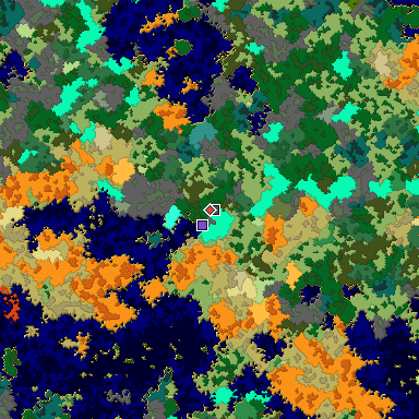 Predicted biome map of Java 1.16 seed 9096144391877266503 around estimated spawn
