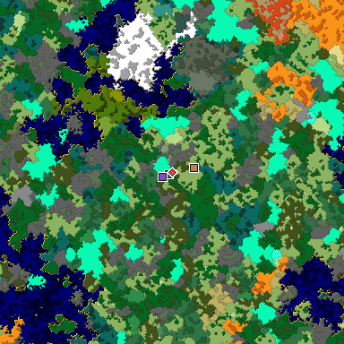 Predicted biome map of Java 1.16 seed -2253280775565386651 around estimated spawn