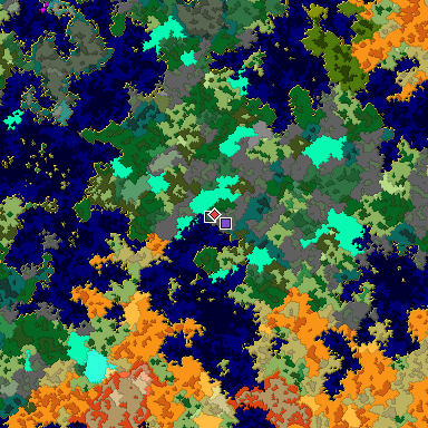Predicted biome map of Java 1.16 seed 5316772594587145813 around estimated spawn