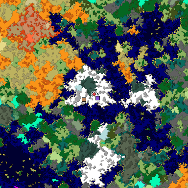 Predicted biome map of Java 1.16 seed 6936302686657454031 around estimated spawn
