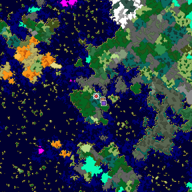 Predicted biome map of Java 1.16 seed 1674667786319141913 around estimated spawn