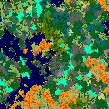 Predicted biome map of Java 1.16 seed -1819610134607251343 around estimated spawn