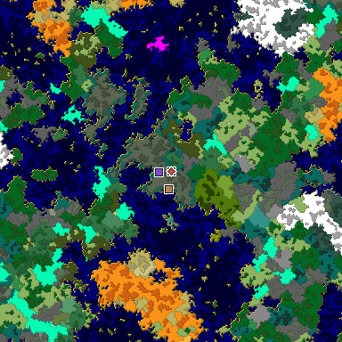 Predicted biome map of Java 1.16 seed 3543772423741548256 around estimated spawn