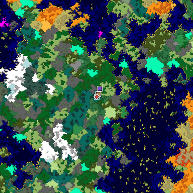 Predicted biome map of Java 1.16 seed -2786521321322692342 around estimated spawn
