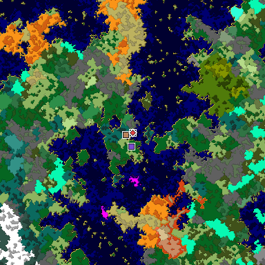 Predicted biome map of Java 1.16 seed -4726850168755725428 around estimated spawn