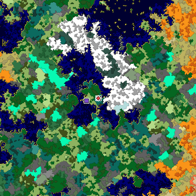 Predicted biome map of Java 1.16 seed -3199287640764799605 around estimated spawn