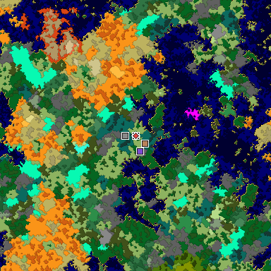 Predicted biome map of Java 1.16 seed -3289296317342404637 around estimated spawn