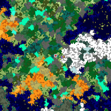 Predicted biome map of Java 1.16 seed -3607717119157415877 around estimated spawn