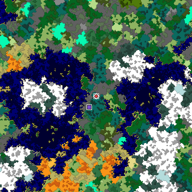 Predicted biome map of Java 1.16 seed -7469461015505730341 around estimated spawn