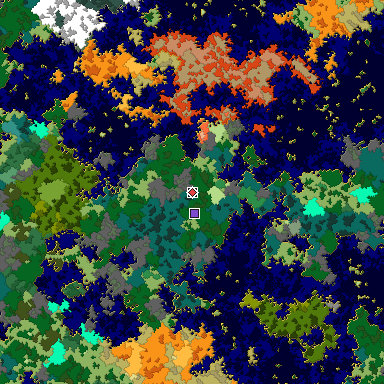 Predicted biome map of Java 1.16 seed 5876498049057734394 around estimated spawn