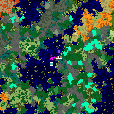 Predicted biome map of Java 1.16 seed 4501140961223026601 around estimated spawn