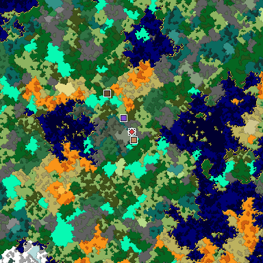 Predicted biome map of Java 1.16 seed -3281385548078814222 around estimated spawn