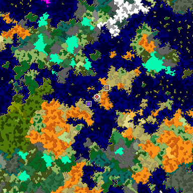 Predicted biome map of Java 1.16 seed -5746558588170275368 around estimated spawn