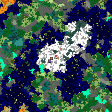 Predicted biome map of Java 1.16 seed 2985079567589625879 around estimated spawn