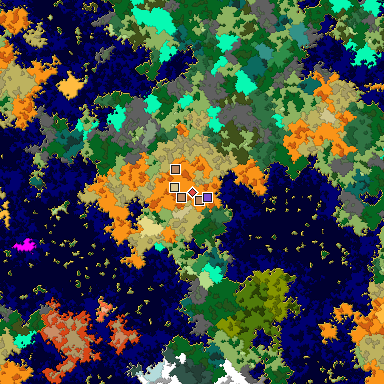 Predicted biome map of Java 1.16 seed 1295495790644338686 around estimated spawn