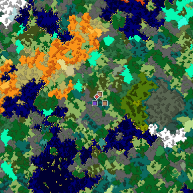Predicted biome map of Java 1.16 seed 8198258047568488378 around estimated spawn