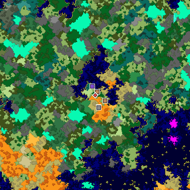 Predicted biome map of Java 1.16 seed 8399555652890594153 around estimated spawn
