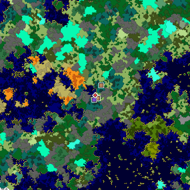 Predicted biome map of Java 1.16 seed 5487433838341576766 around estimated spawn