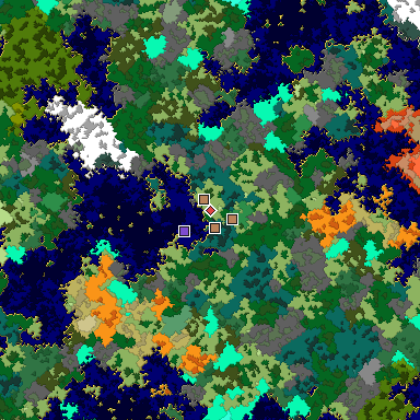 Predicted biome map of Java 1.16 seed 6297726932902241106 around estimated spawn
