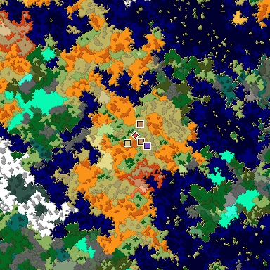 Predicted biome map of Java 1.16 seed -4798363934373308388 around estimated spawn