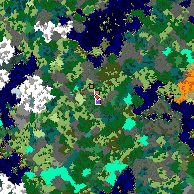 Predicted biome map of Java 1.16 seed 1050492003242081835 around estimated spawn