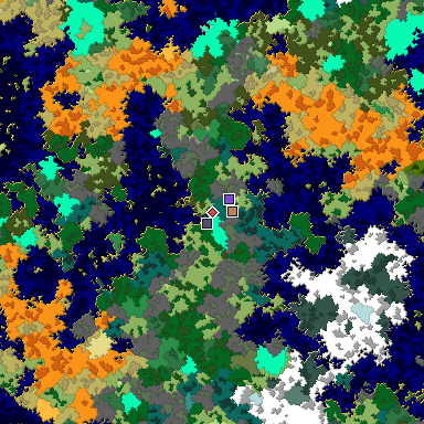 Predicted biome map of Java 1.16 seed 7035936399476028877 around estimated spawn