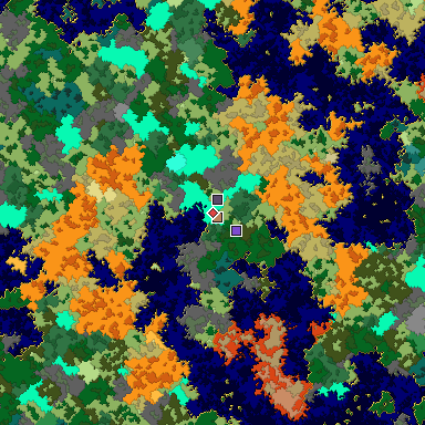 Predicted biome map of Java 1.16 seed -7326316766696398727 around estimated spawn