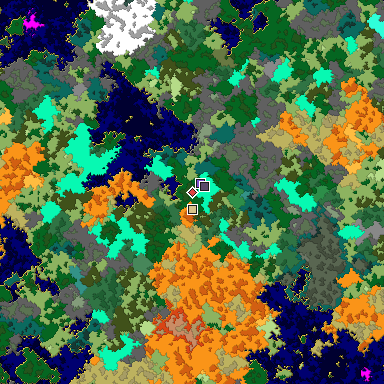 Predicted biome map of Java 1.16 seed 1962428998351071459 around estimated spawn