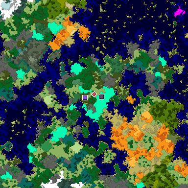 Predicted biome map of Java 1.16 seed 4387072305707839118 around estimated spawn