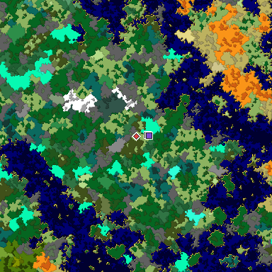 Predicted biome map of Java 1.16 seed 8476812017111291121 around estimated spawn
