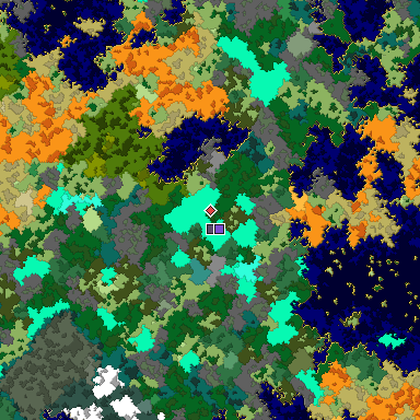 Predicted biome map of Java 1.16 seed 3428029281591064267 around estimated spawn
