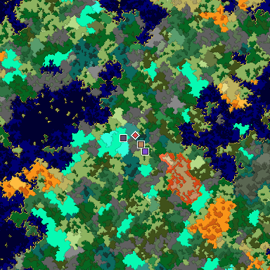 Predicted biome map of Java 1.16 seed -6495835808682619038 around estimated spawn