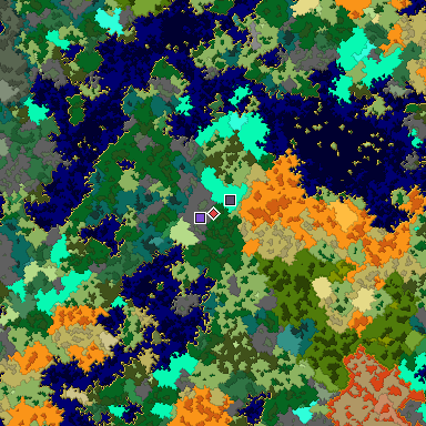 Predicted biome map of Java 1.16 seed 1719738258118929996 around estimated spawn