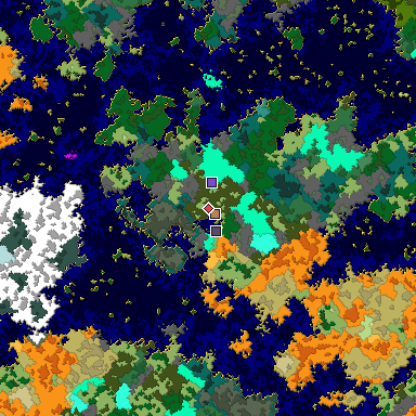 Predicted biome map of Java 1.16 seed -8885047657753010710 around estimated spawn