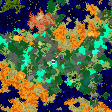 Predicted biome map of Java 1.16 seed 3459092080557337386 around estimated spawn