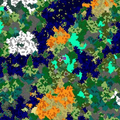 Predicted biome map of Java 1.16 seed -5686430180973981152 around estimated spawn