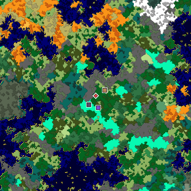 Predicted biome map of Java 1.16 seed 4577278364932702999 around estimated spawn