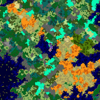 Predicted biome map of Java 1.16 seed -8740336713661768242 around estimated spawn