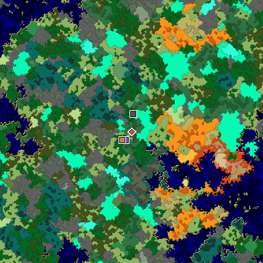 Predicted biome map of Java 1.16 seed 5114949381092032160 around estimated spawn