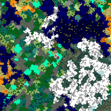 Predicted biome map of Java 1.16 seed -4852352064651590808 around estimated spawn
