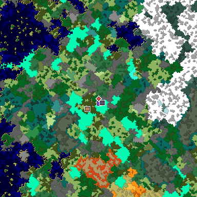 Predicted biome map of Java 1.16 seed 8654420292705708091 around estimated spawn