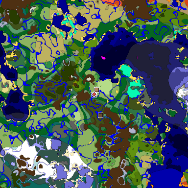 Predicted biome map of Java 1.18 seed 3885743517842289255 around estimated spawn