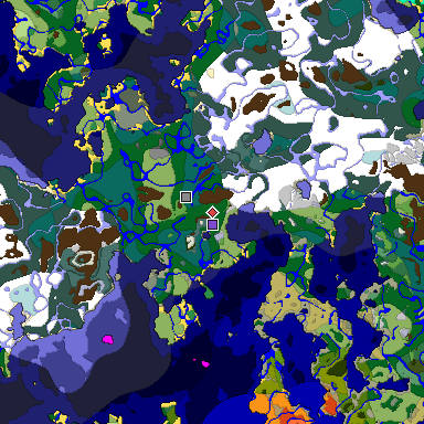 Predicted biome map of Java 1.18 seed -2886871932022050839 around estimated spawn