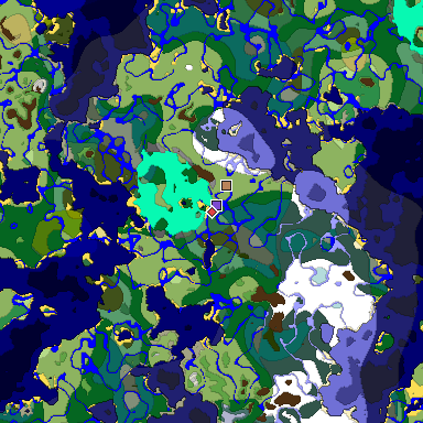 Predicted biome map of Java 1.18 seed -4628270801480887275 around estimated spawn