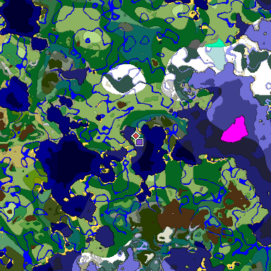 Predicted biome map of Java 1.18 seed 5405131811736111838 around estimated spawn
