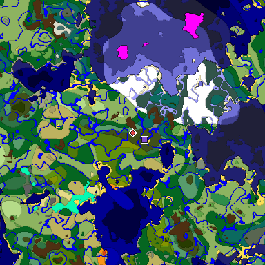 Predicted biome map of Java 1.18 seed 7909541497198957191 around estimated spawn