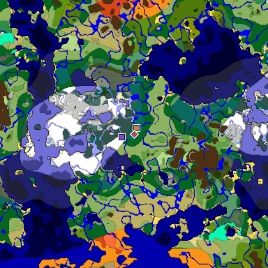 Predicted biome map of Java 1.18 seed 8259993057093960281 around estimated spawn